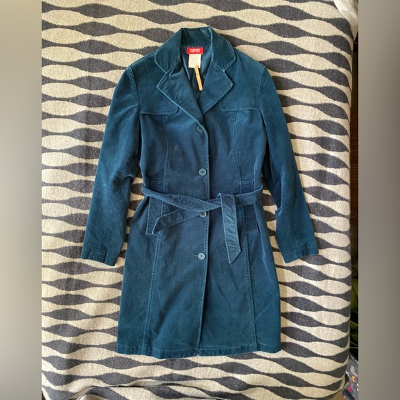 VTG Esprit Blue Cotton Velvet Trench Coat XS - Picture 3 of 15
